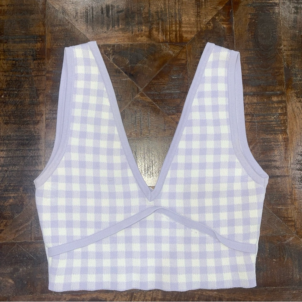 Zara Lilac White Plaid Deep V Plunge Cropped Bra Tank Sleeveless Women Sz S NWOT